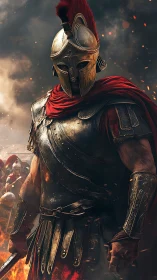 Armored hoplite stands amid burning battlefield smoke