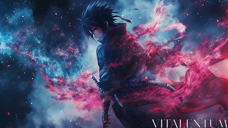 Lone anime warrior commands crimson energy in a cosmic storm