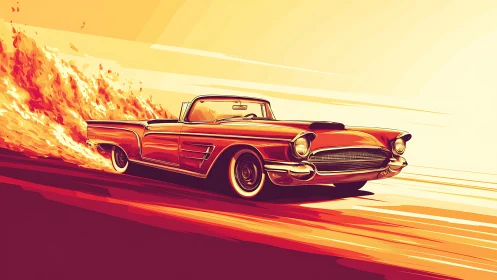 Sunlit red convertible cruising through a golden desert road.