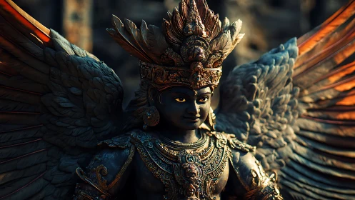 Winged divine guardian statue glows under warm side light