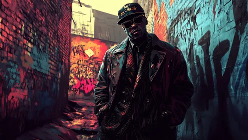 Street rapper in graffiti alley wearing dark leather coat.
