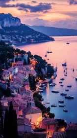 Coastal hillside town and harbor under vivid sunset sky.
