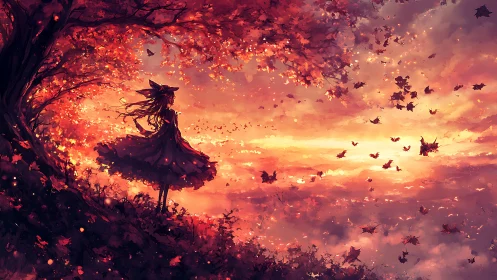 Autumn silhouette girl under scarlet sky with swirling leaves.