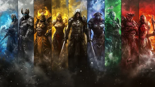 Legendary fantasy warriors aligned in a rainbow of power.