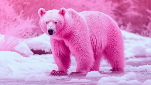 Vivid pink polar bear stands alert in frosty arctic landscape.