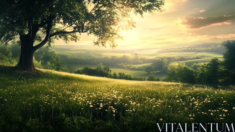 Sunlit meadow gradient under expansive deciduous canopy.