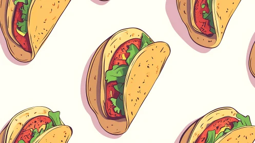 Seamless digital illustration of repeating taco pattern design.