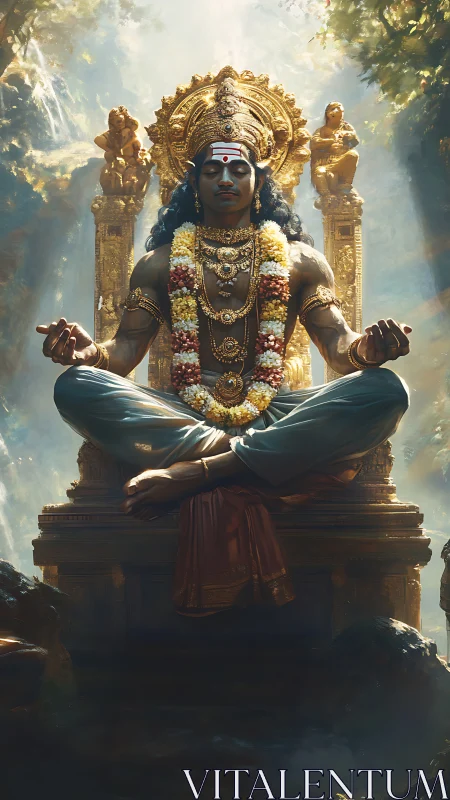 Golden forest throne cradles a serene meditative deity