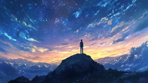 Silhouette on a summit studies a luminous twilight starfield