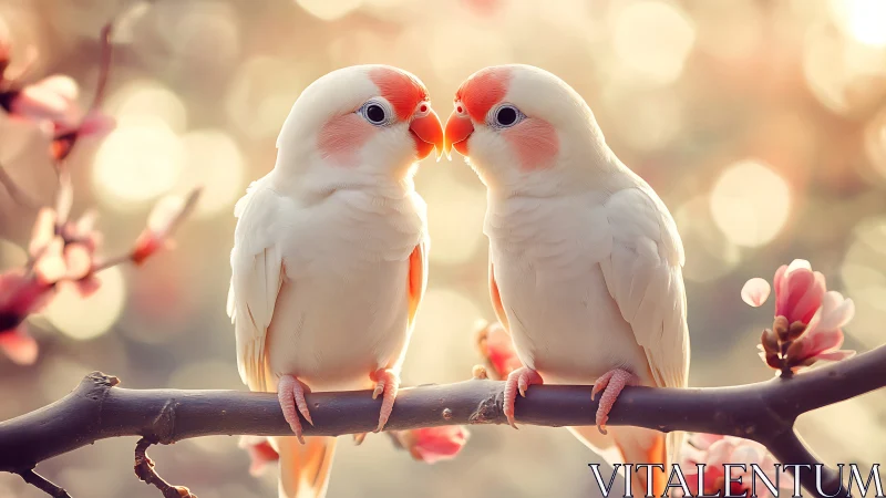 Two White Lovebirds on a Blossom Branch, Soft Pastel Photography.