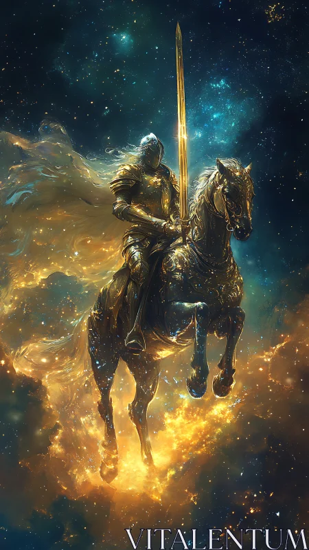 Celestial knight on radiant steed crossing a star-forged sky.