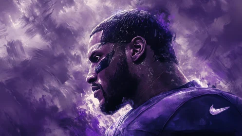 Profile portrait of armored athlete in dynamic violet brushwork