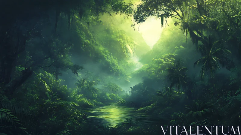 Mystical Jungle Valley with Glowing Light Through Mist