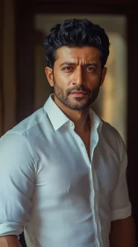 Intense portrait of man in white shirt under warm light.