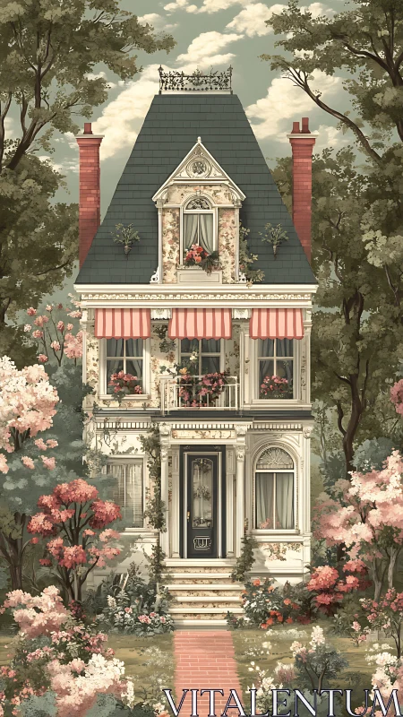 Victorian townhouse fa&ccedil;ade with florals and striped awnings.