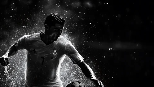 Dynamic soccer player bursting forward under stadium lights.