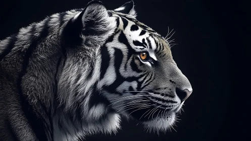 Photorealistic profile study of white tiger under low-key light.