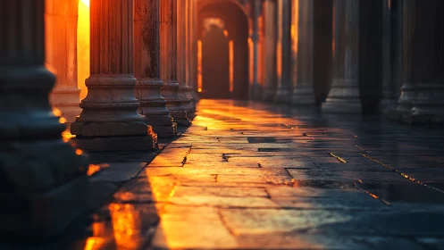 Golden hour light drapes across classical stone colonnade