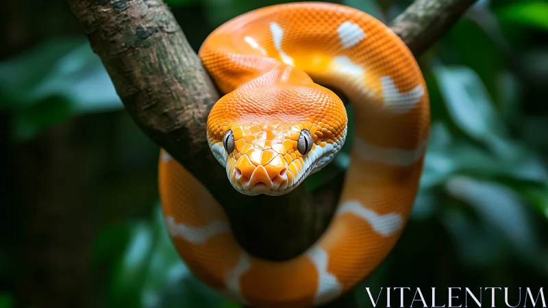 Orange and white snake coiled on tree branch in rainforest
