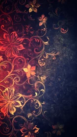 Ornamental floral design with crimson scrollwork on dark textured background