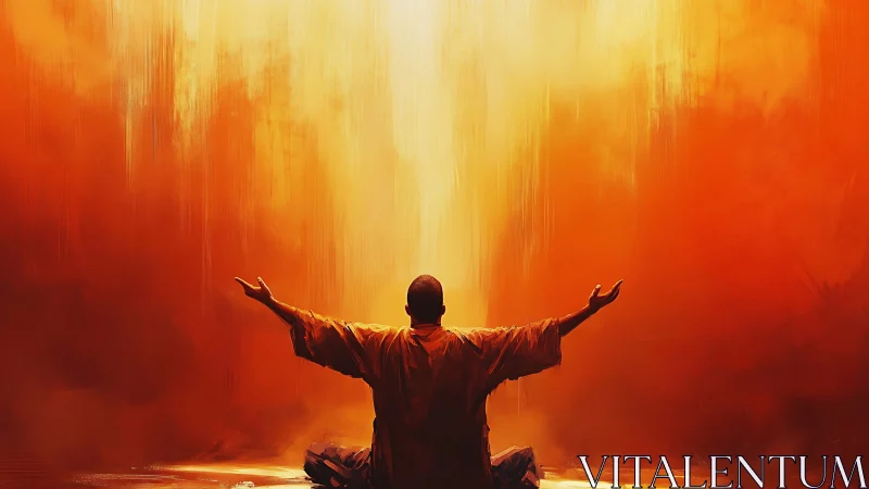 Monk Silhouette Embraces Vertical Radiant Light Cascade