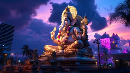 Golden Ganesha statue at dusk in illuminated temple complex.
