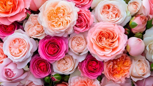Garden roses in pink, coral and magenta tones
