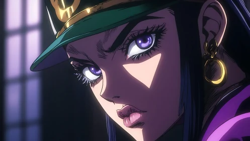 Purple eyed anime woman in cap stares with intense focus