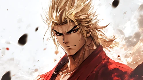 Fiery anime warrior stands resolute amid swirling embers.