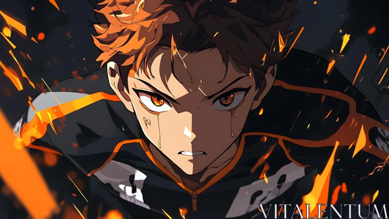 Intense anime athlete rendered with dynamic lighting and ember particles