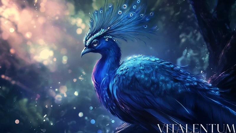 Majestic blue peacock in dreamy fantasy forest, digital art style.