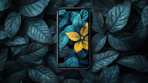 Contrasting yellow leaves framed in teal foliage phone screen.