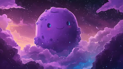 Smiling purple celestial character floats among glowing clouds