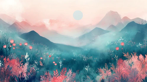 Pastel mountains rise behind misty valley of wildflowers