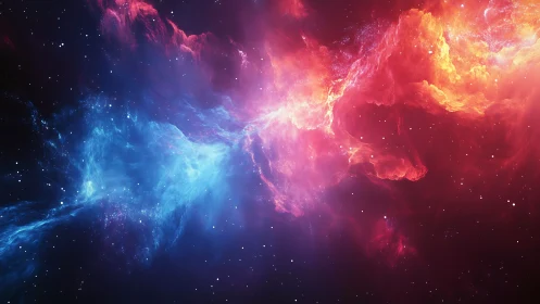 Cosmic clouds of blue and red drift peacefully through space