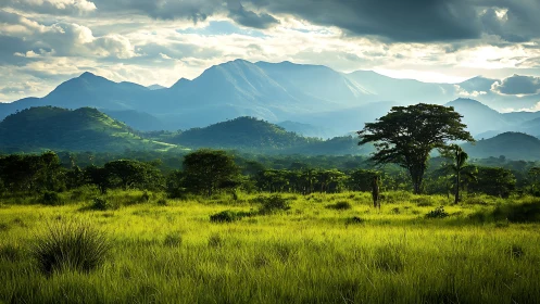 Sunlit tropical savanna before distant blue mountains.