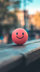 Sunlit smiley stress ball beams on blurred city bench.