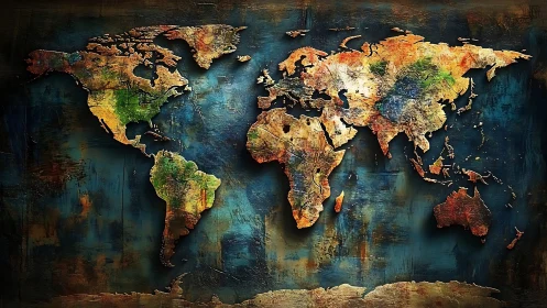 Textured world map in vivid patina over deep teal ground.