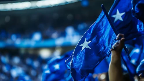 Blue star flags whirl in a roaring stadium sea of color.