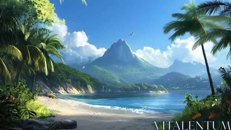 Tropical Paradise Beach. Mountain Peak Rising Above Emerald Waters.