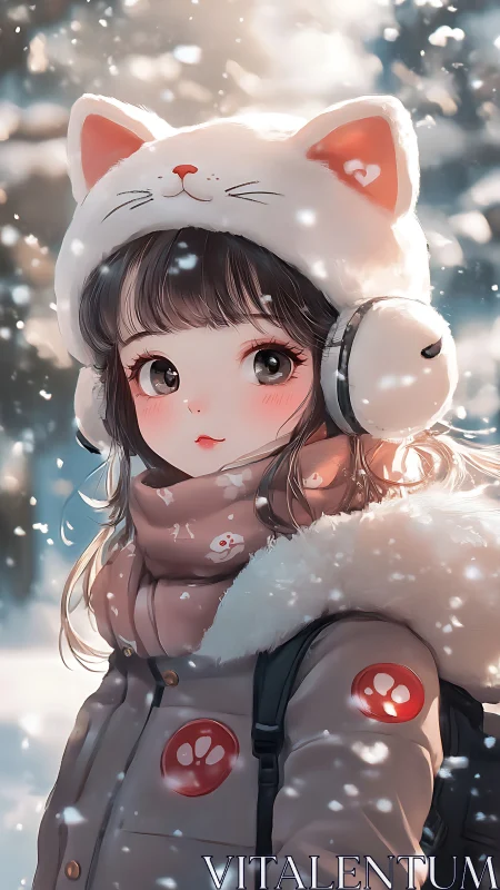 Anime winter portrait with cat-ear hat and soft bokeh snowfall.