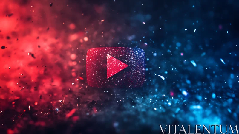 Glittering red play icon suspended in bokeh particle field