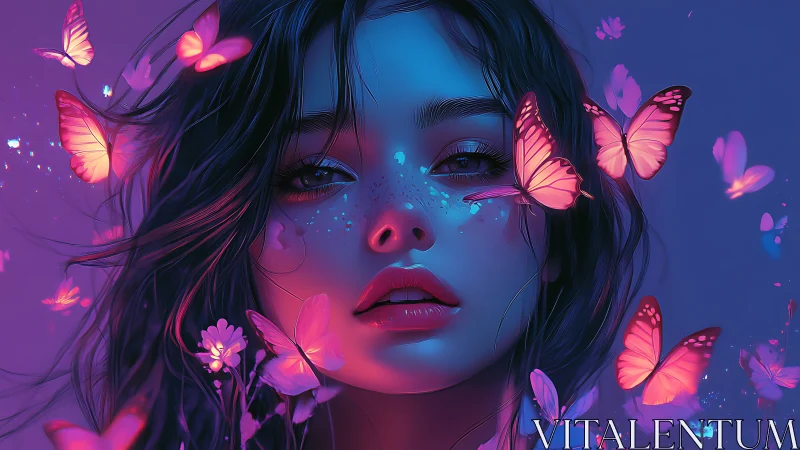 Soft midnight dream girl surrounded by glowing pink butterflies