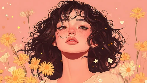 Digital portrait of freckled woman amid yellow daisies.