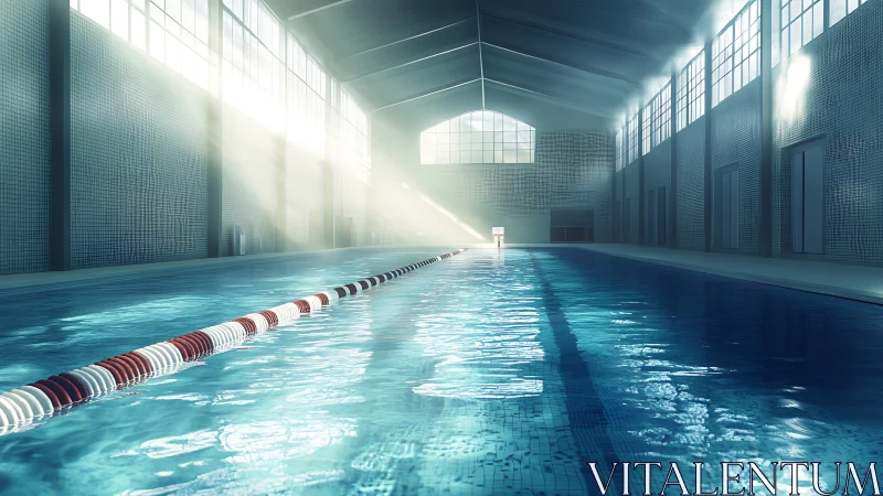 Indoor swimming pool with lane divider under soft light.