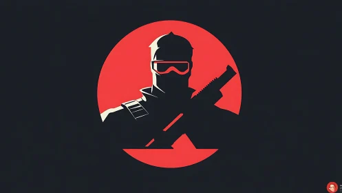 Silhouetted armed figure on red circle with crossed blades.