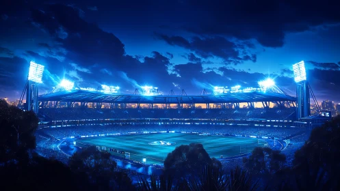Futuristic football stadium glows under dramatic twilight sky