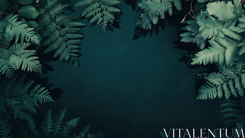 Dark teal water framed by lush green fern foliage.