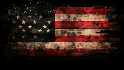 Distressed American flag painted on dark weathered wooden planks