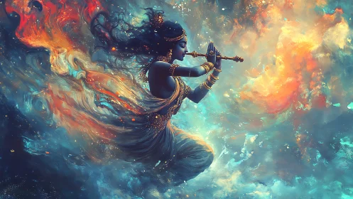 Celestial musician kneels in swirling nebula of molten light